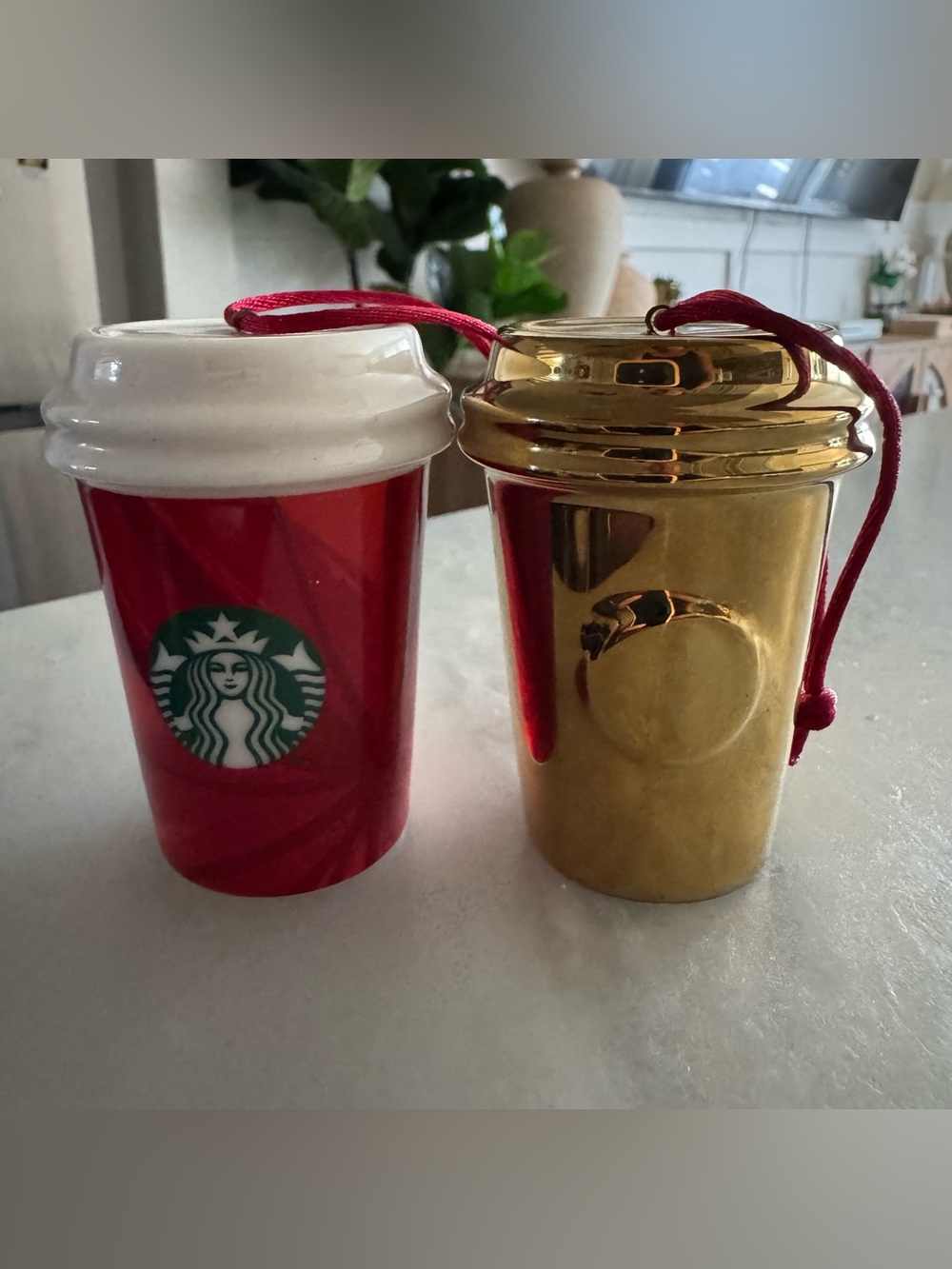 2x 2014 Starbucks Holiday Gold Ceramic Hanging Ornament Coffee Cup Christmas